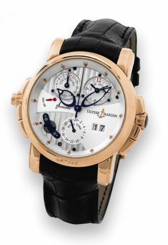 Pink Gold Sonata Dual Time.Ulysse Nardin, Le Locle, Swiss, Sonata Dual.Time, No. 782, Ref. 676-88. Made circa 2005. Production of.this reference started in 2003..Very fine, rare and unusual, large, center seconds, two crowns.self-winding, water-resistant,