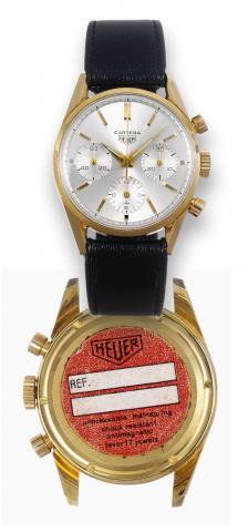 Carrera.Heuer, Carrera, case No. 100713, Ref. 2456S..Made in the late 1960's..Fine and rare, water resistant 18K yellow gold wristwatch.with round button chronograph and registers, and with an.18K yellow gold Heuer buckle.