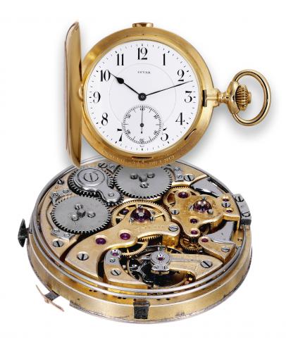 Minute Repeating Grande.Petite Sonnerie Clockwatch.Invar (Achille Hirsch), La Chaux-de-Fonds, case No. 77739..Made circa 1905..Very fine and very rare, minute-repeating, grande and petite.sonnerie striking, two-train, 18K yellow gold, hunting cased.keyles
