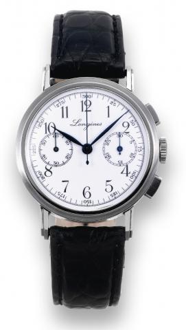 Cal. 13ZN, Retour en Vol.Longines, Chronograph, movement No. 5765820.case No. 21346, Ref. 53. Sold on July 4, 1939 to Longines.Italian agent..Fine and rare, stainless steel wristwatch with square button.fly-back chronograph, register and a stainless steel