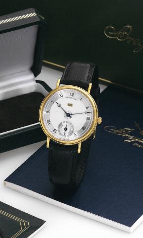 Perpetual Calendar.Breguet, movement No. 10166, No. 3154 H, Ref..7707. Made in the 1990's..Very fine and rare, self-winding, 18K yellow gold wristwatch.with perpetual calendar, leap year indication and an 18K.yellow gold Breguet buckle. Accompanied by a f