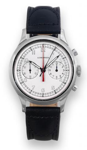 Cal. 13ZN, Central Minute Register.Longines, movement No. 6940651, No. 287, Ref..No. 23086. Sold on September 23th, 1946 to Wittnauer, The.Longines American agent..Fine and rare, large, water resistant, stainless steel wristwatch.with chronograph, 12-hour