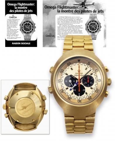 Gold Flightmaster.Omega, Flightmaster, Ref. BA 345.0801. Made.in the 1970's..Very fine and very rare, two time zone, water-resistant, 18K.yellow gold aviator's wristwatch with 4 hands and 3 crowns.round button chronograph, 12-hour and 30-minute registers.