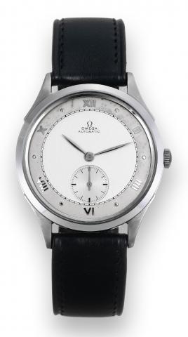 Omega, Automatic, movement.No. 10269439, Ref..2374/3. Made circa 1946..Fine and rare, Bumper rotor, selfwinding.stainless steel wristwatch with.a stainless steel Omega buckle..To be sold without reserve