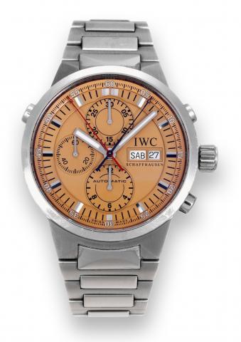 GST Chrono-Rattrapante.International Watch Co., Schaffhausen, GST.Chrono-Rattrapante, Automatic, case No. 2874248, Ref..3715. Sold in May 2002..Fine, self-winding, water-resistant, stainless steel wristwatch.with round button split-seconds chronograph, re