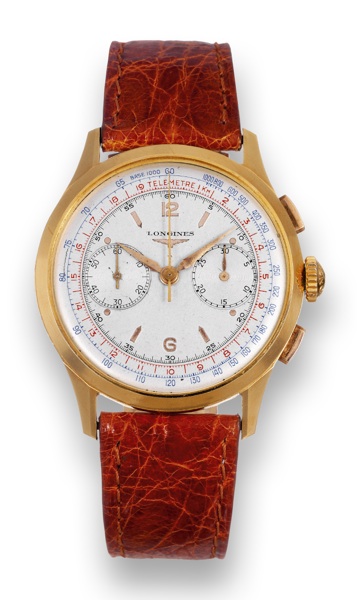 Cal. 13ZN, Retour en Vol.Longines, movement No. 5827377, case No. 5967.40 52. Made circa 1952..Very fine and rare, large, 18K pink gold wristwatch with.square button fly-back chronograph, instantaneous 30-minute.register, telemeter, tachometer and a gold-