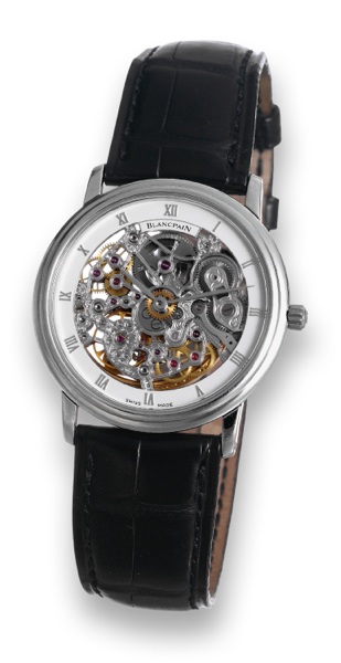 Platinum Skeleton Villeret.Blancpain, Villeret, No. 05, Ref. 0021/3427855..Made in the 1990's..Fine, thin, skeletonized, platinum wristwatch with a platinum.Blancpain buckle.