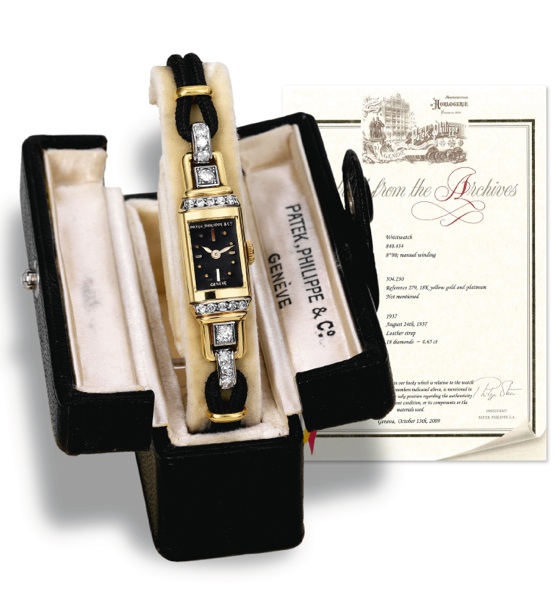 Platinum Diamonds.Patek Philippe Co., Geneve, movement No. 840434, case No. 504230., Ref. 279. Made in 1937, sold on August.24th, 1937..Very fine and rare, 18K yellow gold and platinum, diamond-set lady