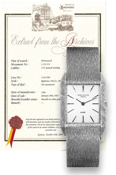 Ref. 3491, White Gold.Patek Philippe, Geneve, movement No. 1135374.case No. 2652990, Ref. 3491/2. Made in 1966 and retailed by.Gobbi. Sold on January 30, 1967..Very fine and rare, rectangular, thin, 18K white gold wristwatch.with an integrated 18K white g