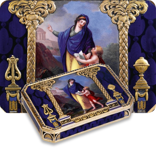 Allegory of History.Remond, Lamy Co., Geneva, the enamel attributed to Jean-Abraham Lissignol (1749-1819). Made 1801- 1804..Fine, 18K gold and painted on enamel table snuff box.