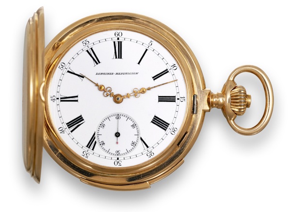 Minute-Repeater.Longines, Swiss, Repeticion, No. 31821. Made for the Hispanic market, circa 1910..Very fine, minute-repeating, 18K pink gold, hunting-cased, keyless pocket watch.