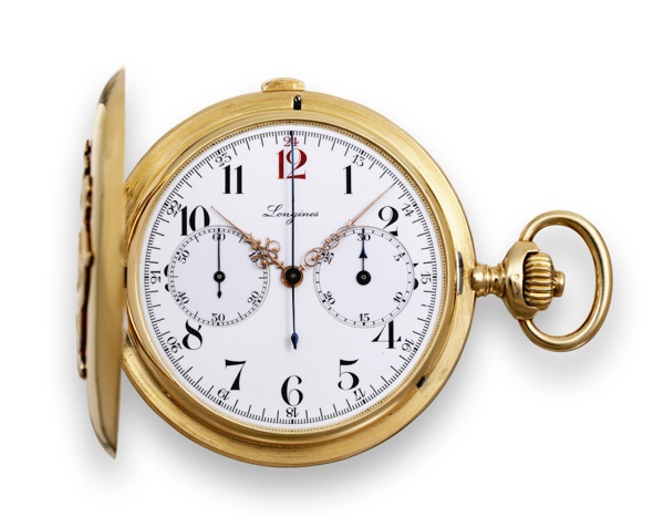 Yellow Gold Chronographe.Longines, Chronographe, movement and case.No. 3911811. Made in 1926..Fine, hunting-cased, keyless, 18K yellow gold chronograph.with register.