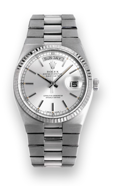 Ref. 19019, White Gold.Oysterquartz Day-Date.Rolex, Oyster Perpetual, Day-Date.Superlative Chronometer Officially.Certified, Ref. 19018/19000. Case No..6250639. Made in 1980..Fine, water-resistant, center-seconds.18K white gold quartz wristwatch with.day,