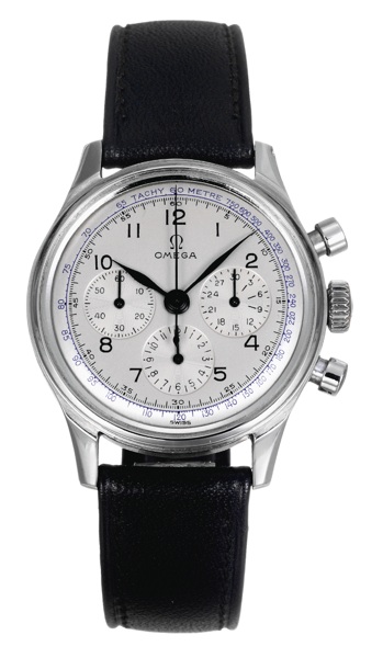 Telephone Chronograph.Omega, movement No. 10387860, Ref. ST 2287-1. Made circa 1945..Fine and rare, water-resistant, stainless steel wristwatch with round button chronograph, 12-hour and 30-minute registers.tachometer and a stainless steel Omega buckle. A