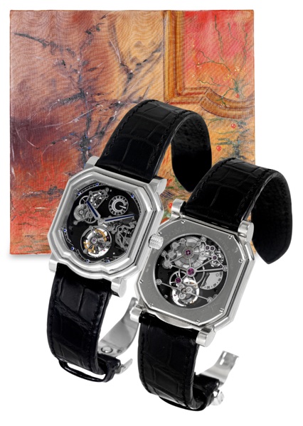 White Gold.Maestro Flying Tourbillon No. 01.Gerald Charles, Ref. GCM2, No. 01/12. Made in a limited.edition of 12 pieces designed by Gerald Genta, circa 2006..Extremely fine and rare, large, heavy, skeletonized, 18K white.gold and sapphire wristwatch with
