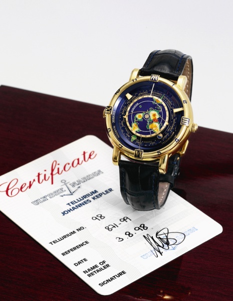 Tellurium.Ulysse Nardin, Tellurium Johannes Kepler, No. 98, Ref. 871-99. Made in a limited edition of 99 examples in 1992.sold on August 3rd, 1998..Very rare and unusual, astronomic, water-resistant, two time zone, self-winding, 18K yellow gold wristwatch