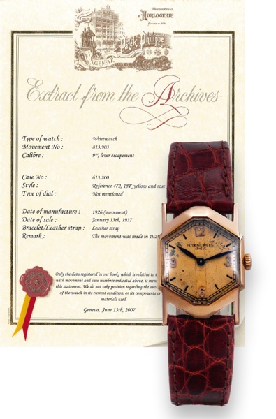 Ref. 472.Patek Philippe Co, Geneve, movement No..813903, case No. 613200, Ref. 472. Movement made in 1926.encased in 1936 and sold on January 13th 1937..Very fine and rare, octagonal 18K pink gold wristwatch with.a 18K pink gold Patek Philippe buckle. A