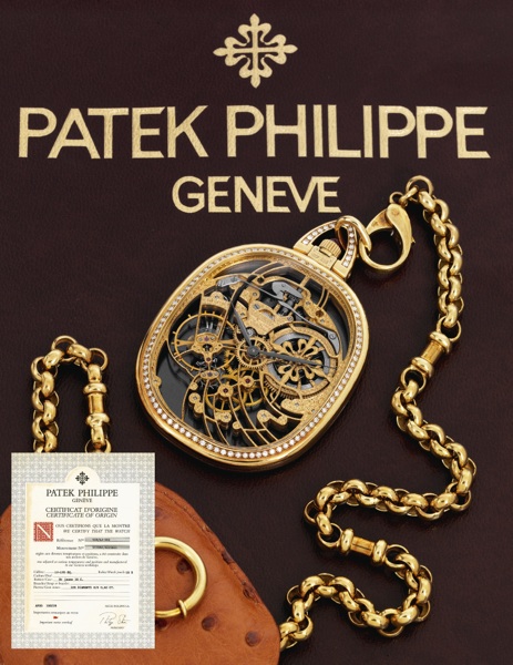 Ref. 918 First, Time at Auction.Patek Philippe, Geneve, movement No. 937092.case No. 4015611, Ref. 918/4. Made in 1996, sold on October 10th, 1997..Extremely fine and rare, ellipse-shaped, skeletonized, 18K.yellow gold and diamond and emerald-set keyless 