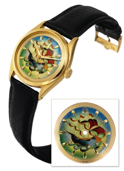 Ref. 6100, Caravelle Cloisonne Dial.Rolex, Oyster Perpetual. Case No. 902833, Ref. 6100. Made in 1952..Exceptionally rare and fine, center-seconds, self-winding, water-resistant, 18K yellow gold wristwatch with.cloisonn_ enamel galleon gold dial and a yel