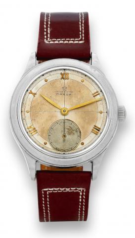 Ref. 2179 Steel with Glazed Reverse.Omega, No. 10505161, Ref. 2179-4. Made in the.1950's..Fine, stainless steel wristwatch. Accompanied by an original.spare stainless steel case back.