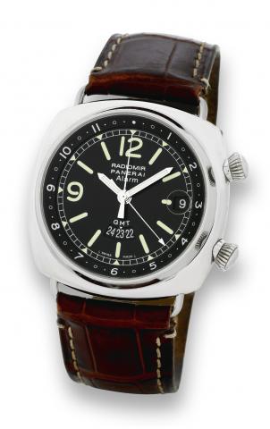 Radiomir - GMT - Alarm Ref. OP 6563.Officine Panerai, Firenze 1860, Radiomir - GMT -.Alarm, No. E028/500, case No. BB1084918, Ref. OP 6563..Made in a limited series of 500 examples in 2002..Very fine and rare, large, two time zone, center-seconds.self-win