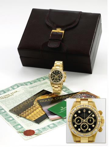 Ref. 16568, Yellow Gold Diamonds Cosmograph Daytona.Rolex, Oyster Perpetual, Superlative Chronometer, Officially Certified, Cosmograph, Daytona, Ref. 16568. Made in.1996, sold April 27th, 1997..Very fine and rare, self-winding, water-resistant, 18K yell