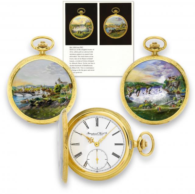 IWC Taschenuhr Savonnette Pocket Watch.International Watch Company, Schaffhausen. Ref. 5408, case No. 2274986, made in 2002..Very fine and rare 18K yellow gold hunting-cased limited edition pocket watch with enamel scene of the Munot, a medieval.fortress 