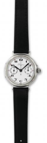 Longines Single Button Chronograph.Longines, 2978469. Made circa 1925..Fine and rare, sterling silver wristwatch with single button.chronograph on the crown and register.