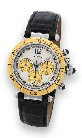 Cartier Pasha Chronograph.Cartier, Ref. 1032. Made in the 1990's..Very fine, water resistant to 100 m/330 ft, stainless steel.and 18K yellow gold wristwatch with round button chronograph.registers, date and a stainless steel Cartier deployant.clasp. Accom