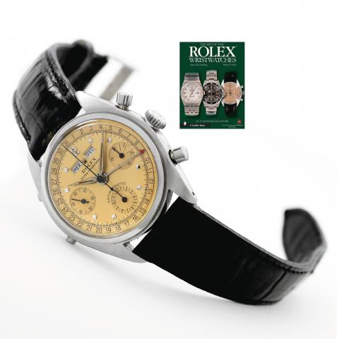 Rolex Ref. 5036.Rolex, Oyster Chronograph, Anti-Magnetic, Ref. 5036. Made circa 1952..Very fine and rare, water-resistant, stainless steel wristwatch with round button chronograph.registers and triple date.
