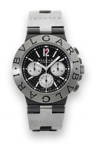 Bulgari Titanium Chronograph.Bulgari, Titanium Automatic Chronograph,.Ref. TI 44 TA CH. Made in the 2000's..Fine, self-winding, water-resistant, titanium wristwatch with.oval button chronograph, registers, date and a rubber strap.with titanium sections an