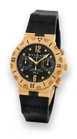 Bulgari Chronometer Chronograph.Bulgari, Sports Chronograph, Automatic, Chronometer.Officially Certified, 200 m, Ref. SC 38 G. Made in the.late 1990's..Fine, self-winding, water-resistant, stainless 18K pink gold.diver