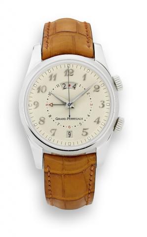 Girard-Perregaux Two Time Zone.Girard-Perregaux, Ref. 4935, No. 65. Made circa.2000..Very fine, self-winding, water-resistant, two time zone.stainless steel wristwatch with date, alarm and a steel Girard-.Perregaux buckle. Accompanied by a fitted box and 