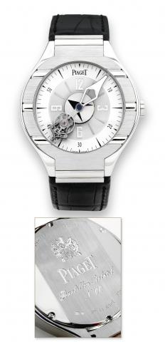 Piaget Polo Relative Tourbillon No. 00.Piaget, Polo Relative Tourbillon, No. 949915, Ref. P 10376. Made circa.2006..Very fine and unusual, 18K white gold wristwatch with one minute tourbillon on a.60-minute rotating movement, the tourbillon suspended on o