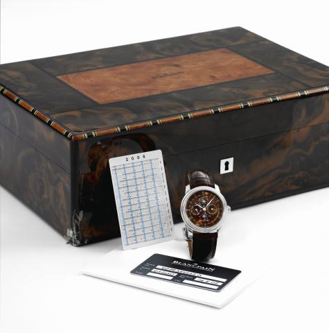 Blancpain Platinum Perpetual Calendar GMT.Blancpain, Perpetual Calendar GMT Automatic, Havana No. 61/150, Ref. 4277. Made in a limited edition.of 150 pieces in 2006..Very fine, two time zone, self-winding, water-resistant, platinum wristwatch with perpetu