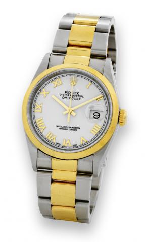 Rolex Ref. 16203 Datejust.Rolex Oyster Perpetual, Date-Just, Superlative.Chronometer Officially Certified, case No. K175390, Ref..16203. Made in 2001..Fine, tonneau-shaped, center seconds, self-winding, stainless.steel and yellow gold wristwatch with date