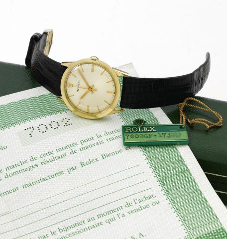 Rolex Ref. 7002 Automatic.Rolex, Automatic, Ref. 7002. Made for the U.S..market circa 1975 for industrial presentations..Fine and rare, center seconds, self-winding, 14K gold-filled.wristwatch with a Rolex buckle. Accompanied by a fitted box.guarantee (no