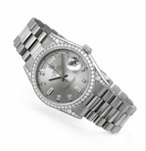 Rolex White Gold Diamond Day-Date.Rolex, Oyster Perpetual Day-Date, Superlative Chronometer Officially Certified, Ref. 118389. Made in 2001..Very fine, center seconds, self-winding, water-resistant, 18K white gold wristwatch with double quick-set day an