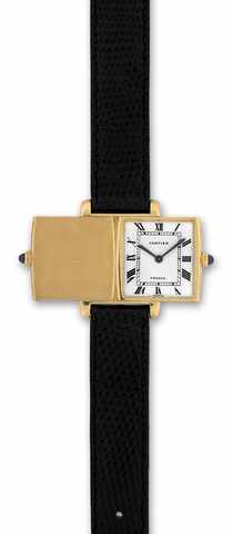 Cartier Yellow Gold Reverso.Cartier, Paris, Reverso, No. 033140, Ref. 60034. Made.in 1982..Fine, rectangular, 18K yellow gold reversible wristwatch.with a Cartier buckle. Accompanied by a fitted box and.certificate.