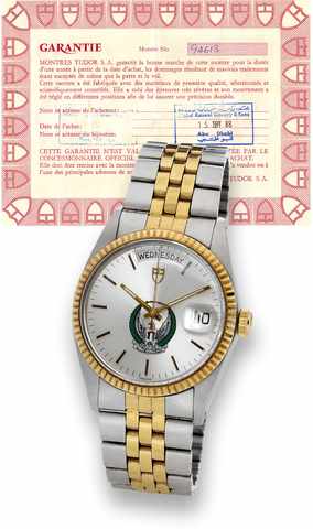 Tudor United Arab Emirates Eagle.Tudor Oyster Prince, Date-Day, Ref. 94613, case made by.Rolex, Geneva. Made in 1987, sold September 15th, 1988..Fine, center seconds, self-winding, water-resistant to 100.meters, stainless steel and yellow gold wristwatch 