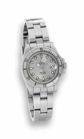 Tudor Steel Lady-Submariner.Tudor Princess Oyster Date, Lady-Sub, 200m = 660ft, Ref..96090, Ref. T 96090, case made by Rolex, Geneva. Made in.1990, sold September 1991..Fine, center seconds, self-winding, water-resistant, stainless.steel lady