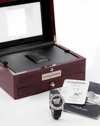Ulysse Nardin White Gold Freak.Ulysse Nardin, Le Locle, The Freak, No. 36, Ref. 010- 88. Made in 2002..Very fine and unusual, 18K white gold wristwatch with 60-minute revolving movement, Ludwig Oechslin's dual direct escapement.seven-day power reserve and