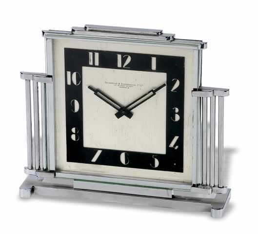 Gold smiths Silversmiths Co. Art deco.desk clock.French, retailed by Goldsmiths Silversmiths Co. Ltd. Made.circa 1930..Fine chrome and glass Art deco desk clock..To be sold without reserve