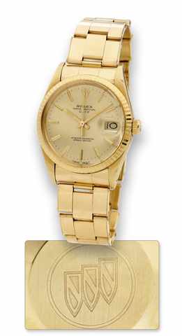 Rolex Ref. 15038 Yellow Gold -.Date - Buick Logo.Rolex Oyster Perpetual, Date, Superlative Chronometer.Officially Certified, Ref. 15038. Made circa 1986..Fine, center seconds, self-winding, water-resistant, 18K yellow.gold wristwatch with date, Buick embl
