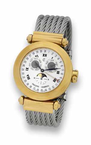 Charriol Triple Date Quartz.Philippe Charriol, Christopher Columbus, Ref. 38.93.135..Made in the late 1990's..Fine, gold-plated and stainless steel wristwatch with triple.date, moon phases and a Charriol woven metal strap with.steel clasp. Accompanied by 