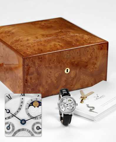 Breguet Platinum Minute Repeater - Perpetual Calendar.Breguet, No. 3302 X, movement No. 6187, Ref. 5447. Made circa 2006..Extremely fine and rare, astronomic, minute-repeating, platinum wristwatch with.perpetual calendar, retrograde months, phases and age