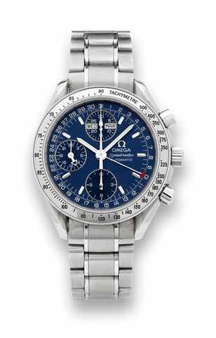 Omega Speedmaster Automatic, Triple Date.Omega, Speedmaster - Automatic, Triple Date, case No..56569200, Ref. 175 0044. Made in 2000, sold July 27th, 2001..Fine, self-winding, stainless steel wristwatch with round.button chronograph, registers, triple dat