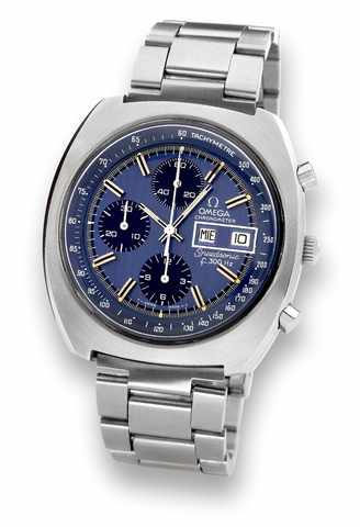 Omega Steel Speedsonic.Omega Chronometer, Speedsonic, f 300 Hz, No. 38413918.Ref. 188.0002. Made in 1978..Fine and rare, tonneau-shaped, stainless steel, electronic.wristwatch with round button chronograph, 12-hour and.30-minute registers, tachometer, day