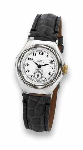 Rolex Oyster, Ultra Prima.Rolex, Oyster, Ultra Prima, case No. 9655, Ref. 2263..Made in the late 1920's..Fine and rare, octagonal, water-resistant, sterling silver.wristwatch with a stainless steel Rolex buckle..To be sold without reserve