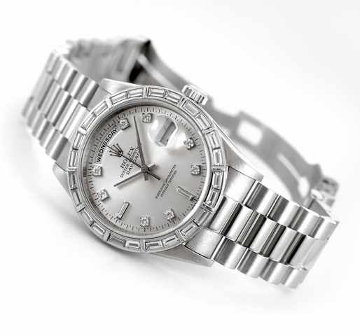Rolex Ref. 18366 Platinum Diamond Day-Date.Rolex, Oyster Perpetual, Day-Date, Superlative Chronometer Officially Certified, Ref. 18366. Made in 1996..Fine and rare, tonneau-shaped, center seconds, self-winding, water-resistant, platinum and diamond chro